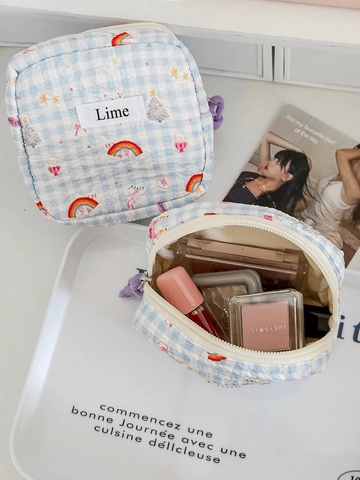 Schattige Cartoon Regenboog Gingham Make-Up Tas Gewatteerde Polyester Draagbare Mini Cosmetische Organisator Tas Voor Vrouwen