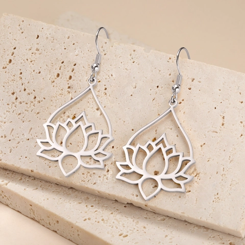 Pendientes Colgantes de Flor de Loto Hueca de Acero Inoxidable para Mujer Elegantes Pendientes de Gancho de Loto Joyería Boho