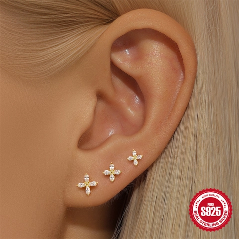 925 Sterling Silver Stud Earrings Flower Four Leaf Clover Shape Sparkling Cubic Zirconia Gold Plated Elegant Jewelry For Women