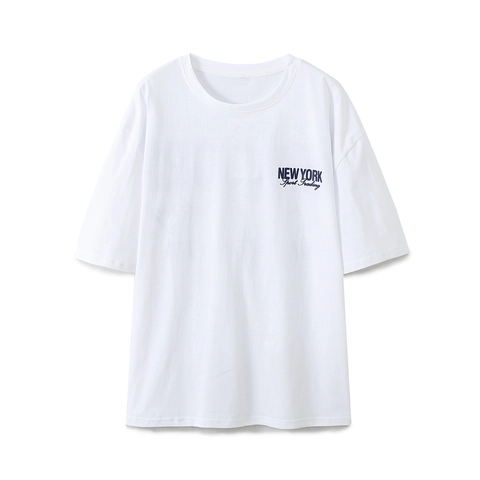 Women Cotton Blend T-Shirt Loose Short Sleeve Crew Neck Retro Manhattan Letter Print Streetwear Casual White Top