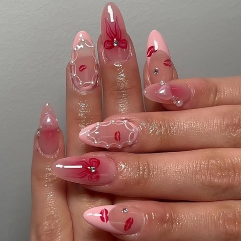 Pink Almond Press On Nails French Design With Red Lip Prints Bow Patterns Artificial Pearl Rhinestone For Women