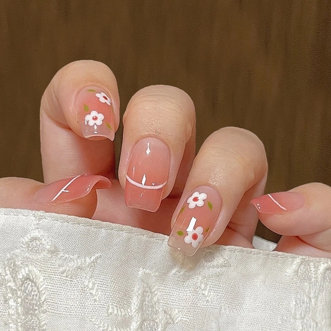 Press On Nägel Pink Pfirsich Farbverlauf Weißes Blumen Design Süß INS Stil Künstliche Falsche Nagelspitzen Mit Kleber