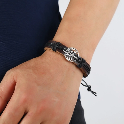 Tree Of Life Pendant Woven Cowhide Leather Bracelet Braided Hemp Rope Adjustable Drawstring Retro Punk Style Unisex Jewelry