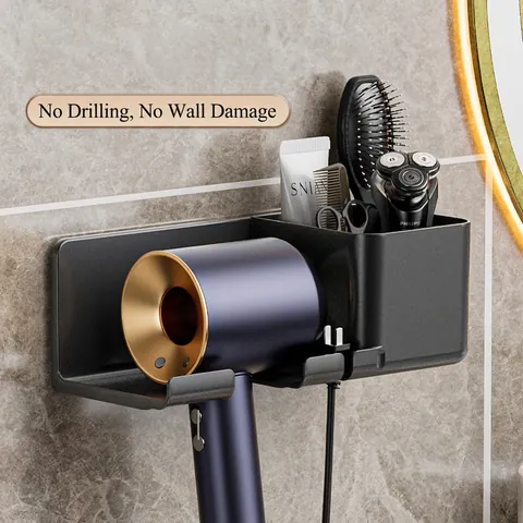 Wall Mounted Hair Dryer Holder ABS Plastic Drill-Free Bathroom Storage Organizer Rack Multifunctional Stand