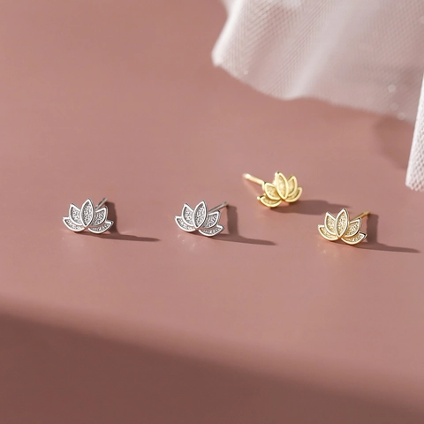 S999 Sterlingsilber Lotus Blume Ohrstecker Für Damen Elegant Minimalistisch Strass Eingelegt Gold Silber Galvanisierter Schmuck