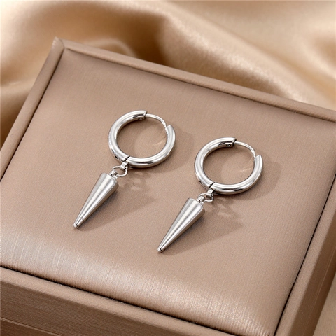 Stainless Steel Hoop Earrings With Cone And Round Ball Pendants Punk Hip Hop Geometric Jewelry Unisex