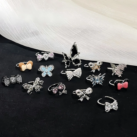 Französischer Eleganter Kupfer Schmetterling Offener Ring Für Damen Verstellbare Emaille Schleife Zirkonia Strass Luxus Schmuck Fingerring