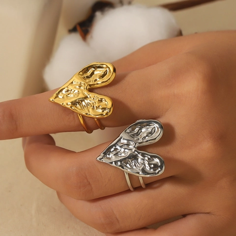 Anillo De Corazón Martillado Vintage Acero Inoxidable Banda Abierta Ajustable Joyería De Dedo Para Mujeres Retro Lujo Estética