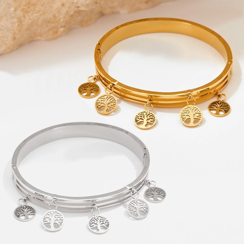 Tree Of Life Charms Bangle Bracelet Stainless Steel Multi Layer Hollow Retro Punk Jewelry Accessories For Women