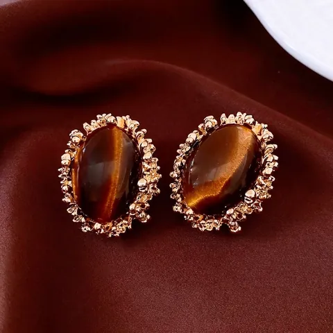 Pendientes De Botón Vintage Elipse Estilo Palacio Retro Piedra Ojo De Tigre Sintética Aleación Con Silver Earring Post