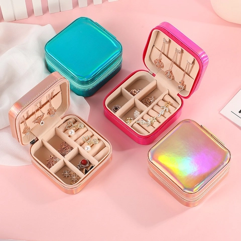 Portagioie Portatile Pelle PU Fodera Velluto Olografico Cerniera Specchio Organizzatore Viaggio Piccolo Mini Elegante