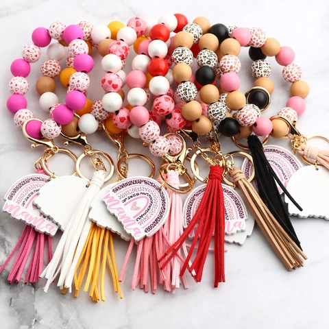 Porte-clés Bracelet en Silicone Perles de Bois Léopard Pendentif Arc-en-ciel Mama Gland en Cuir Anneau pour Fête des Mères Cadeau Femme