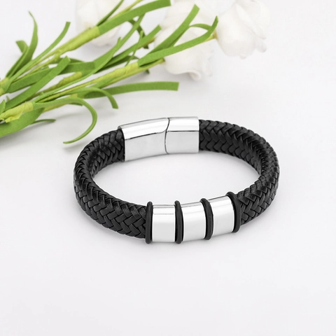 Bracciale In Pelle Intrecciata Da Uomo Acciaio Inossidabile Chiusura Magnetica Stile Punk Minimalista Gioielli Artigianali