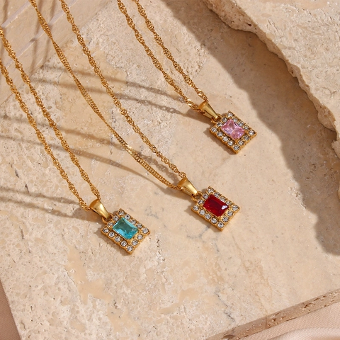 Stainless Steel Rectangle Zircon Pendant Necklace Gold Plated Water Wave Chain Geometric Fashion Jewelry For Women
