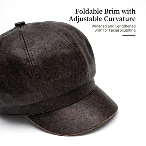 Women Newsboy Cap Retro PU Leather Octagonal Painter Hat British Style Solid Color Windproof Warm Fashion Accessory
