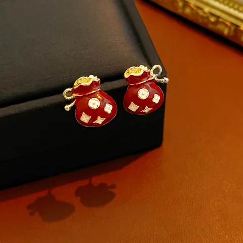 Lucky Bag Stud Earrings Red Enamel Alloy Vintage New Chinese Style Jewelry With Silver Earring Post For Women