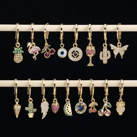 Pendientes De Aro De Cobre Con Circón De Colores Flamingo Mariposa Piña Charms Joyería De Novedad Bañada En Oro