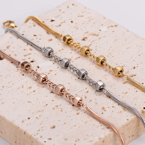 Bracciale A Maglie In Osso Di Serpente In Acciaio Inossidabile Con Perline A Dado Esagonale Gioielli In Stile Industriale Minimalista Per Donne