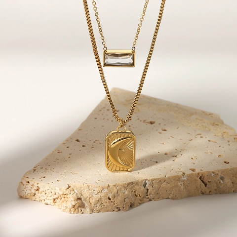 18K Gold Plated Stainless Steel Double Layer Necklace Sun And Moon Rectangular Zircon Pendant For Women