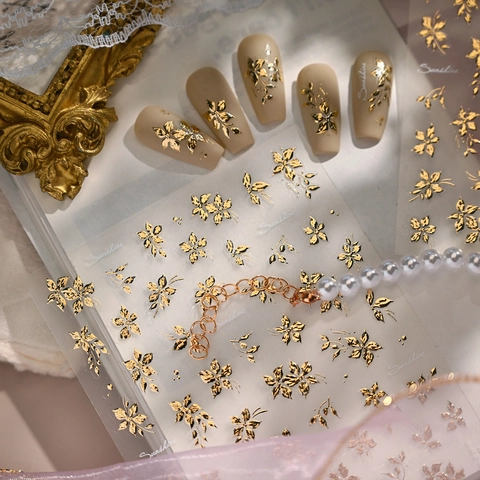 Autocollants Pour Ongles Relief 3D Bronzage Or Motif Fleur Feuille Rétro Style Chinois Exquis Décalcomanies Manucure DIY