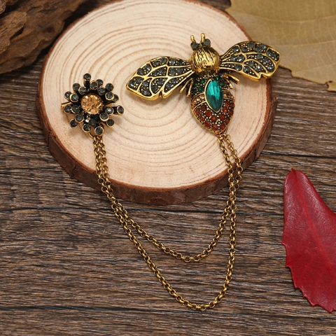 Vintage Bij Dubbele Ketting Broche Met Bloem Pin Legering Strass Kristal Kwastje Reversspeld Dames Pak Accessoires