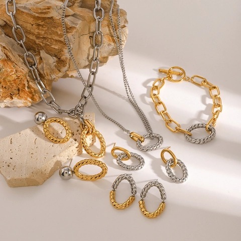 Edelstahl Schmuck Zweifarbig Gold Silber Gedrehtes Seil Kette Halskette Armband Ohrringe Wasserdicht Hypoallergen