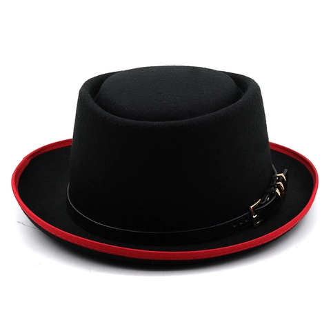 Fedora Hat Felt Round Top Red Trim Contrast Brim Leather Belt Buckle British Vintage Style For Men And Women