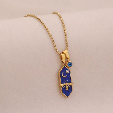 Stainless Steel Hexagon Bee Moon Star Pendant Necklace Enamel Evil Eye Vintage Tarot Jewelry For Women Gold Plated