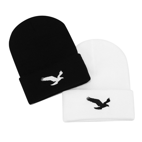 Berretto in Maglia Ricamato con Aquila Unisex Hip Hop Invernale Caldo Berretto in Acrilico per Uomo Donna Streetwear Casual Nero Bianco
