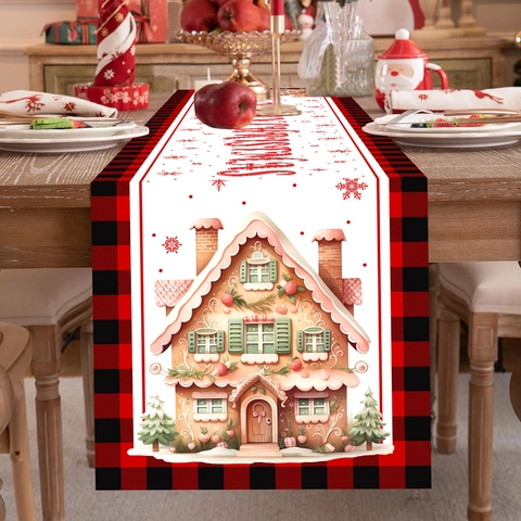 Kerst Tafelloper Polyester Rood Zwart Geruit Peperkoekhuisje Sneeuwvlok Patroon Feestelijke Eettafel Decoratie
