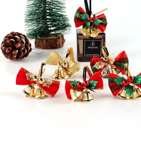 Pendaglio di Natale Fiocco in Velluto Con Campane in Metallo Rosso Verde Plaid Ornamenti Albero di Natale Decorazione Festa