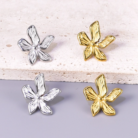 Französische Vintage 3D Blume Ohrstecker Titanstahl 18K Vergoldet Geprägte Blütenblätter Blumen Ohrringe Für Damen Schmuck