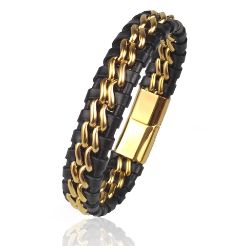 Bracciale Da Uomo Doppio Strato Pelle Intrecciata Acciaio Inossidabile Catena Chiusura Magnetica Stile Punk Retrò Gioielli Regalo