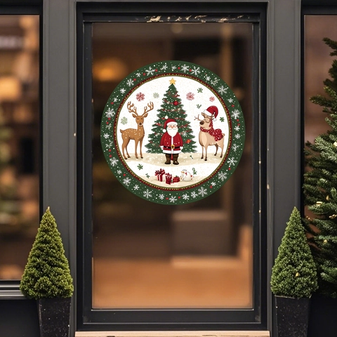 Round Christmas Window Clings PVC Static Cling Santa Claus Snowman Reindeer Snowflake Holiday Home Decor Removable Reusable