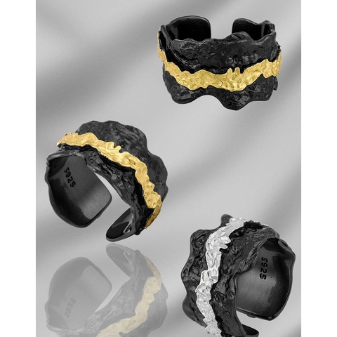 Anillo Abierto de Plata de Ley S925 para Mujer Textura de Lava Roca Irregular Industrial Bicolor Ajustable Joyería de Banda