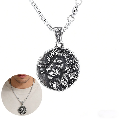 Collana Con Pendente Testa Di Leone Retro Acciaio Inossidabile Medaglione In Rilievo Gioielli Stile Viking Punk