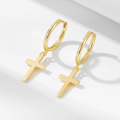 Orecchini a Cerchio con Croce in Argento Sterling 925 per Donna Stile Hip Hop Punk Placcati Oro Argento Orecchini a Pendente