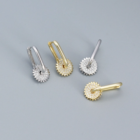 Orecchini Pendenti In Argento Sterling 925 Ingranaggio Raggio Di Sole Con Zirconia Cerchio A Forma Di U Gioielli Estetici