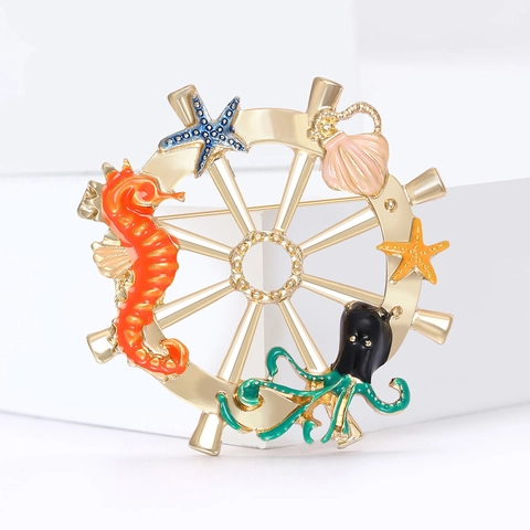Broche De Timón De Barco Náutico Pin Aleación Esmalte Colorida Vida Marina Caballito De Mar Pulpo Accesorio Mujer Hombre