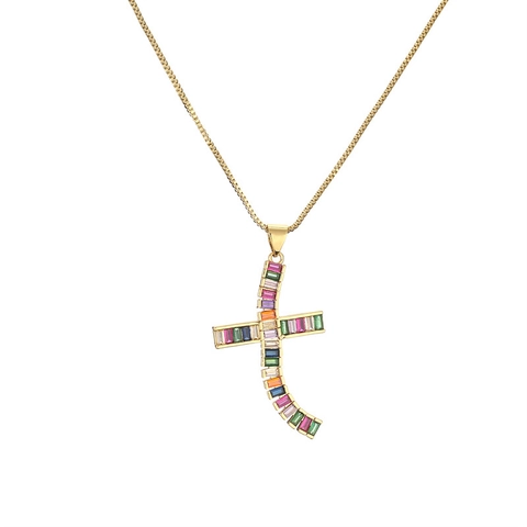 Collana Con Pendente A Croce Hip Hop Rame Zircone Colorato Micro Pavé Gioielli Di Moda Unisex Catena Box