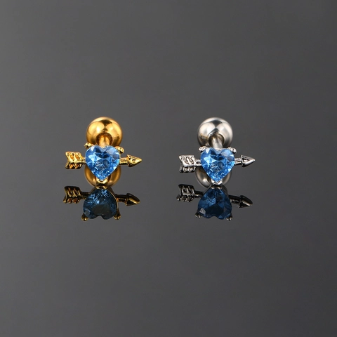 Orecchini a Bottone per Cartilagine a Cuore con Freccia di Cupido in Rame Zirconia Chiusura a Vite Helix Piercing Gioielli San Valentino