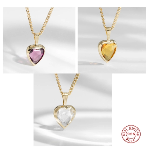 925 Sterling Silver Heart Pendant Necklace For Women Gold Plated Zirconia Heart Shape Chain Necklace Simple Elegant Jewelry