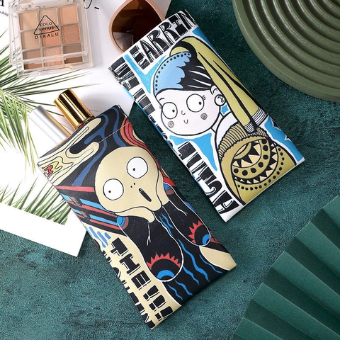 Artistic Masterpiece Print PU Leather Glasses Pouch Automatic Squeeze Closing Portable Sunglasses Storage Case Retro Style