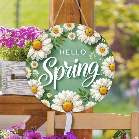 Round Wooden Hello Spring Door Sign Daisy Sunflower Pattern Wall Plaque Rustic Farmhouse Porch Hanging Decoration