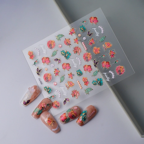 Autocollants Pour Ongles En Relief Floraux Pivoines Fleurs Feuilles Avec Bordure Dorée Et Décor De Künstliche Perles Manucure DIY