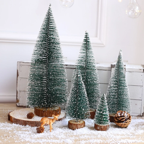 Mini Christmas Tree Desktop Ornament Snow Frosted Sisal Pine Tree With Natural Wood Base For Tabletop Holiday Home Decor