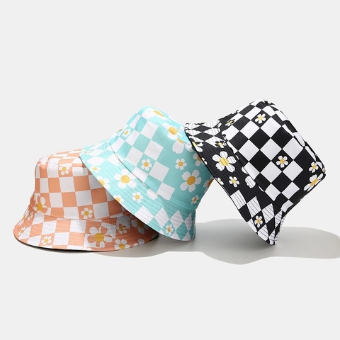 Checkerboard Daisy Floral Print Women Cotton Bucket Hat Double Sided Wearable Summer Sun Protection Wide Brim Basin Hat