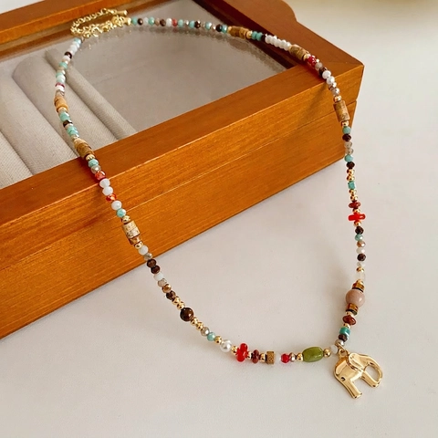 Bohemian Colorful Glass Beaded Necklace With Gold Elephant Pendant Alloy Ethnic Style Jewelry For Women