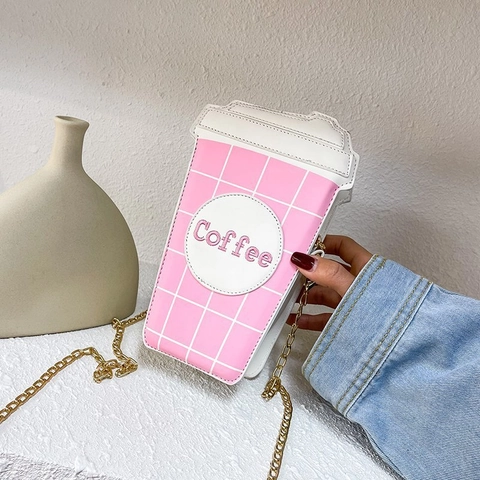 Creative Coffee Cup Shape Crossbody Bag PU Leather Grid Pattern Chain Shoulder Bag For Women Fashion Novelty Handbag