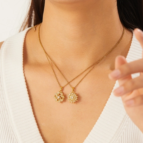 Collana Con Ciondolo A Fiore Rotante Acciaio Inossidabile Rame Zircone Girasole Quadrifoglio Gioielli Di Moda Per Donne